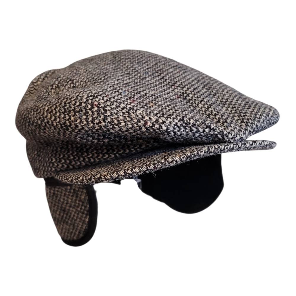 Lake Of The Isles Wool Newsboy Slim Hat Fur Earflaps Mens M Snap Brim Black Gray